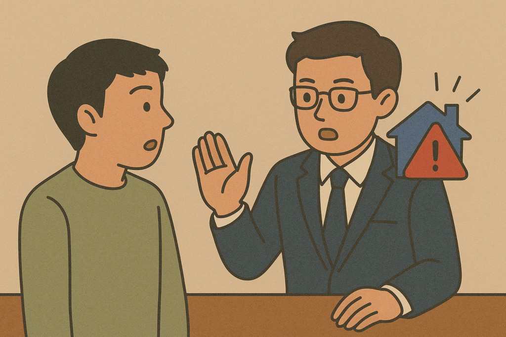 相続した空き家を放置してよいか悩む人と、危険性を説明する相談員のイラスト