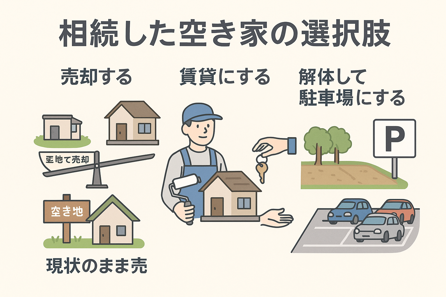 「相続した空き家の活用方法をまとめたイラスト。売却、賃貸、駐車場活用の3つの選択肢が描かれている」