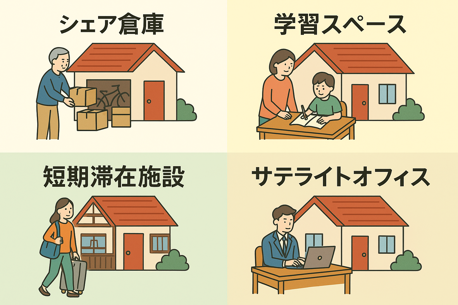 「空き家を地域ごとに活用する方法を描いたイラスト。シェア倉庫、学習スペース、短期滞在施設、サテライトオフィスの4種類が並んでいる」