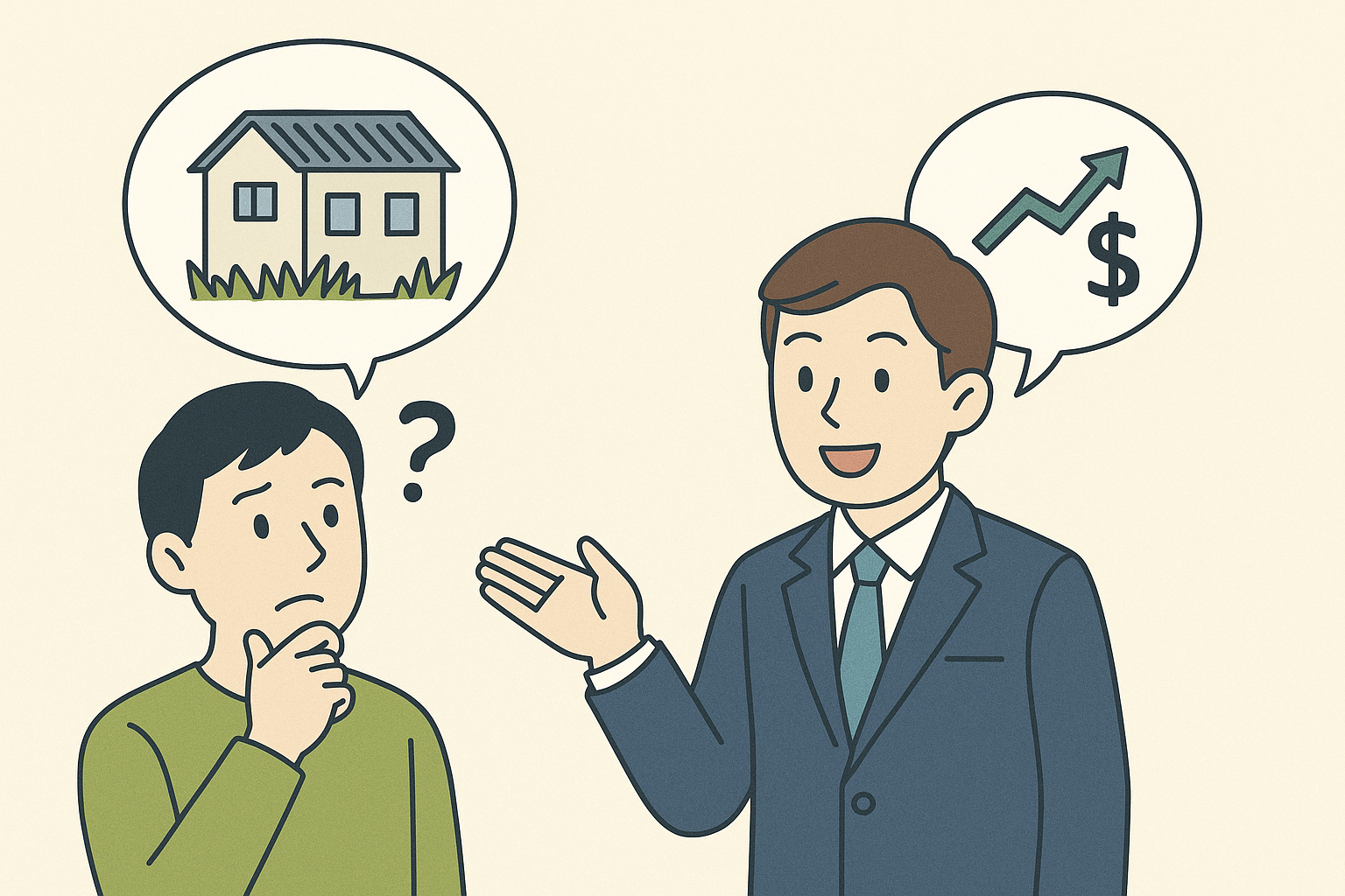 「空き家は売るか貸すしかないと悩む人と、それを資産に変えられると助言する相談員を描いたイラスト」