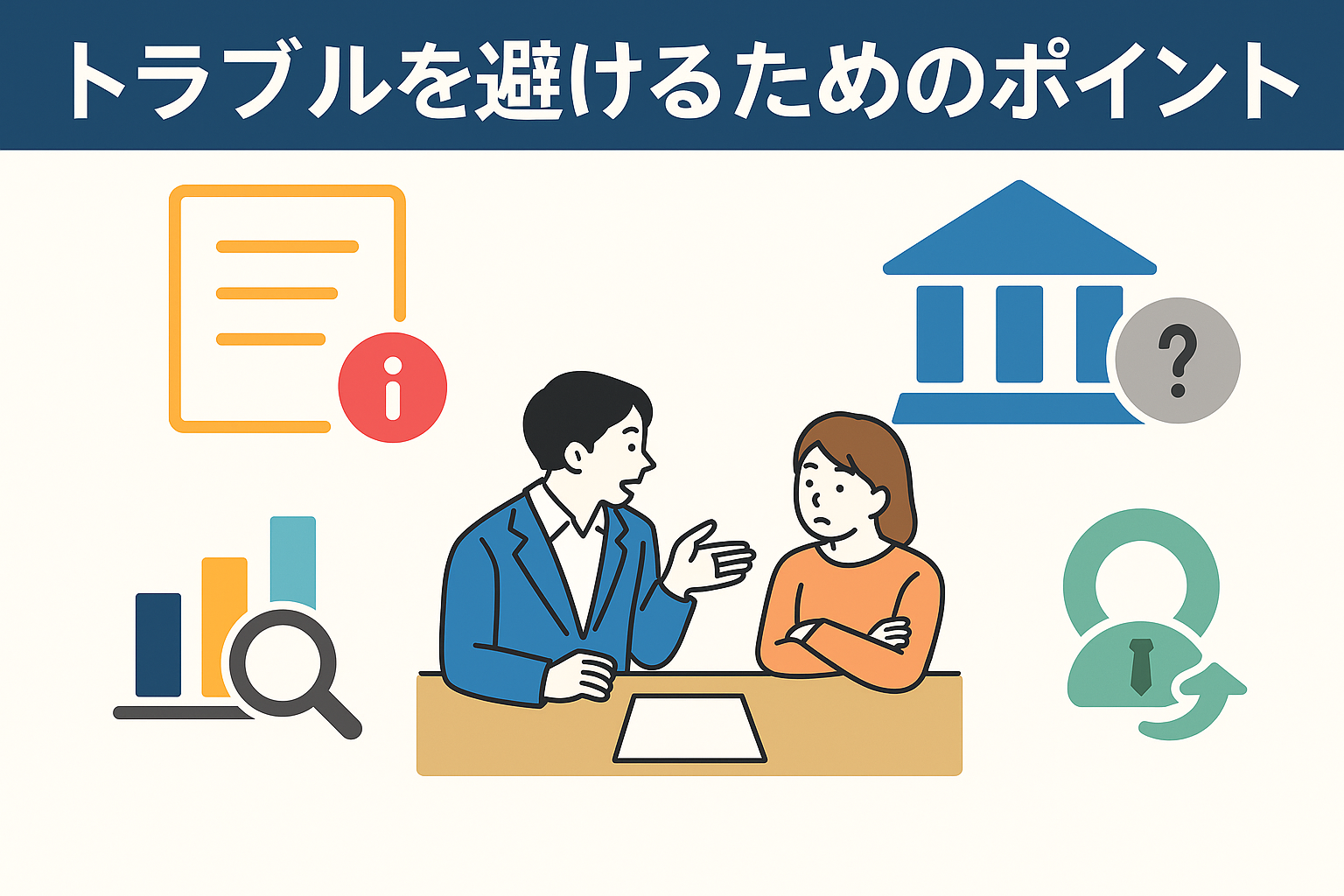 「離婚後の不動産トラブルを避けるために話し合う夫婦と、ローン契約書・銀行・査定グラフ・専門家相談を象徴するアイコンが描かれたイラスト」