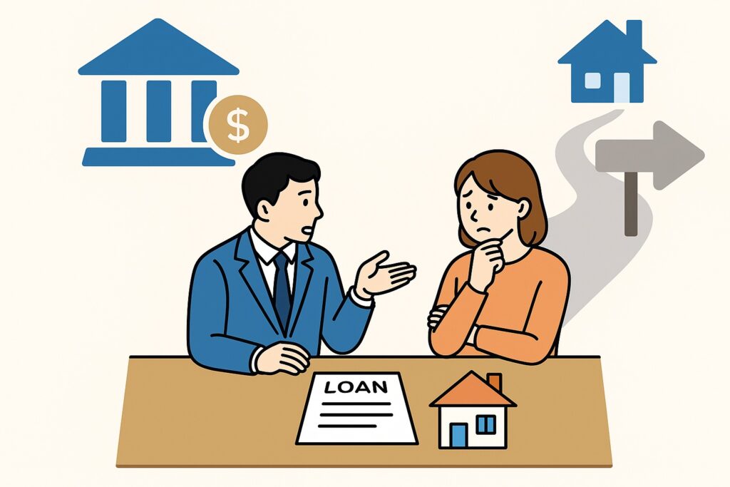 「住宅ローン契約書を前に、スーツ姿の夫と落ち着いた服装の妻が机を挟んで相談している様子。背景には銀行のシンボルと家へ続く分かれ道が描かれているイラスト」