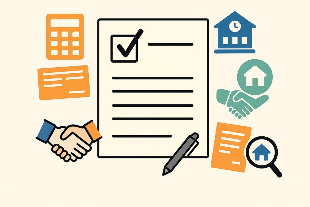 「中央にチェックリスト、その周囲に電卓と通帳、学校の建物、握手する手、契約書とペン、拡大鏡と家のアイコンが描かれたイラスト」