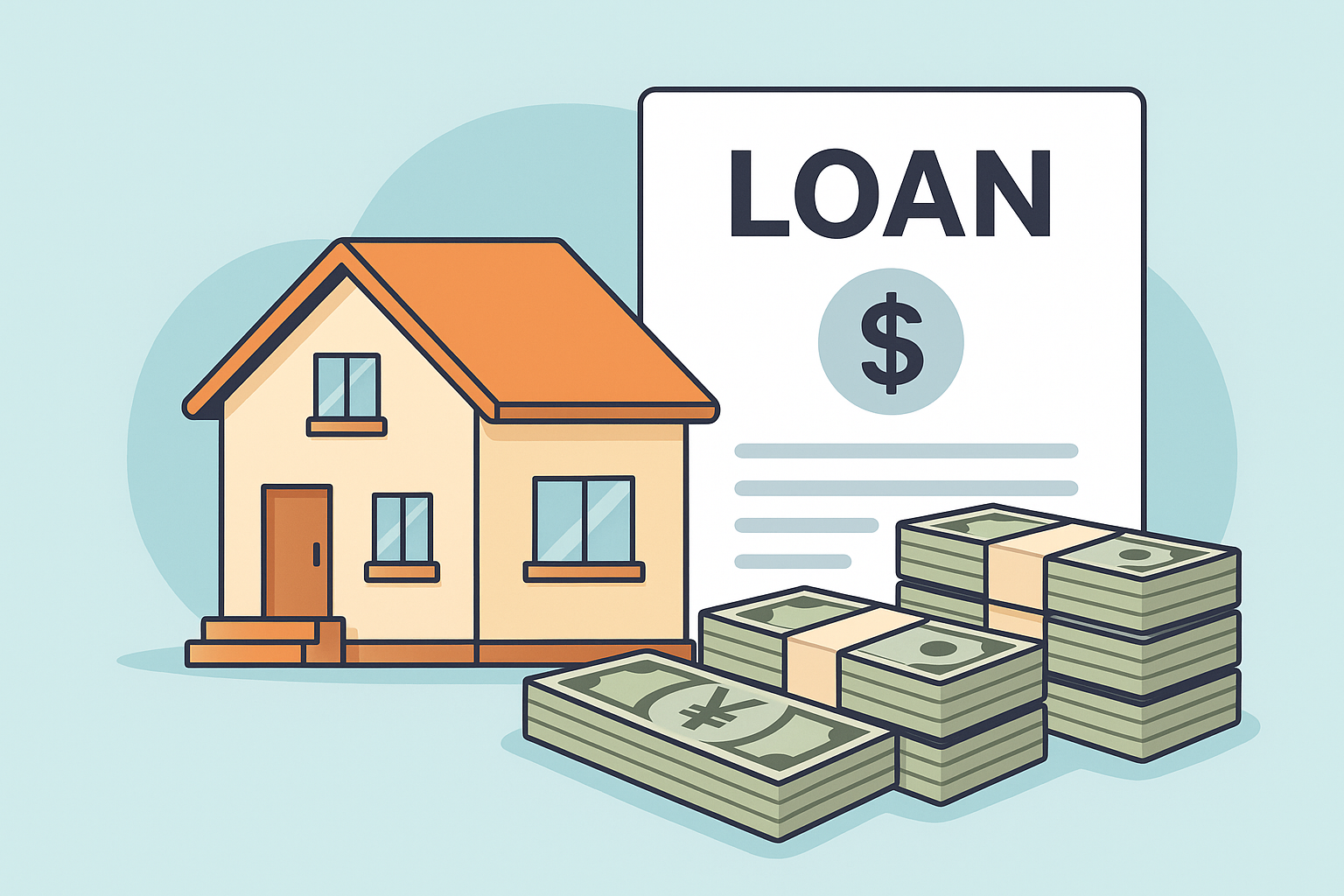 離婚に伴う不動産売却をイメージした住宅ローンとお金のイラスト