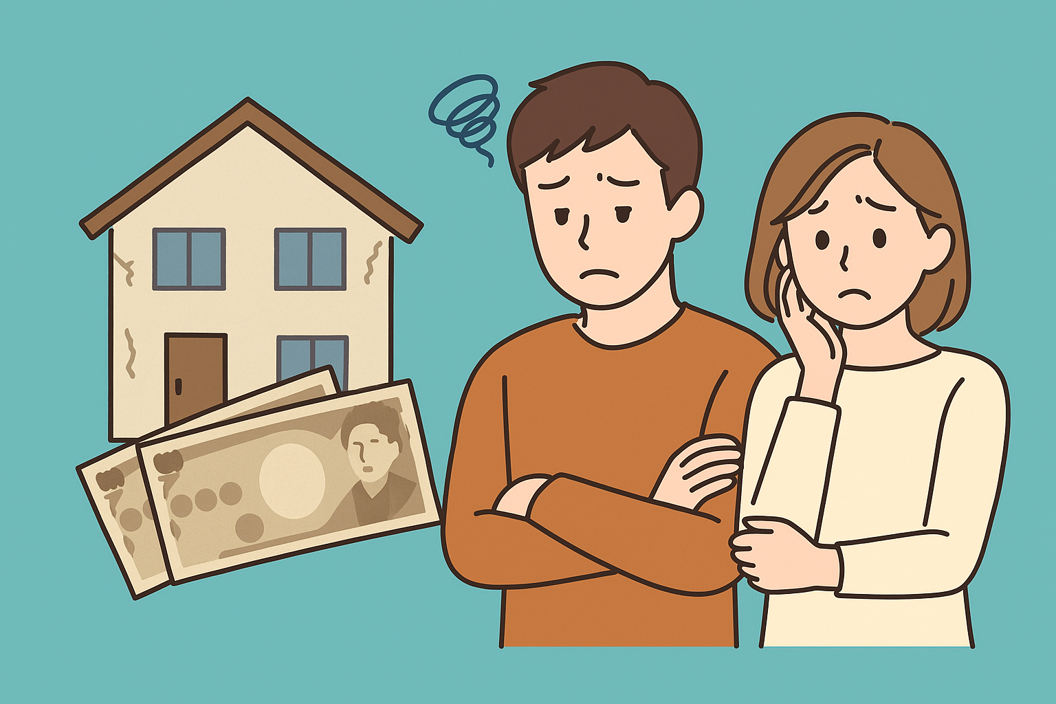 老朽化した家とお金を前に、悩んでいる男女のイラスト