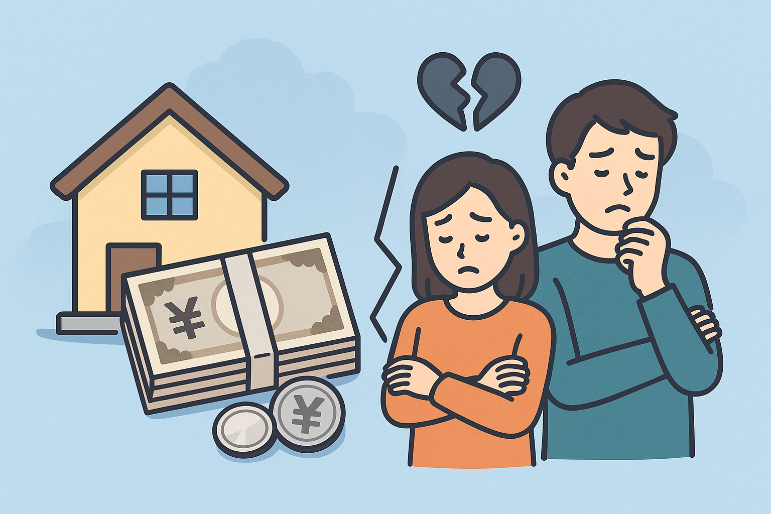 家とお金を前に、離婚で悩む男女のイラスト。割れたハートと仕切り線で関係の分断を表現