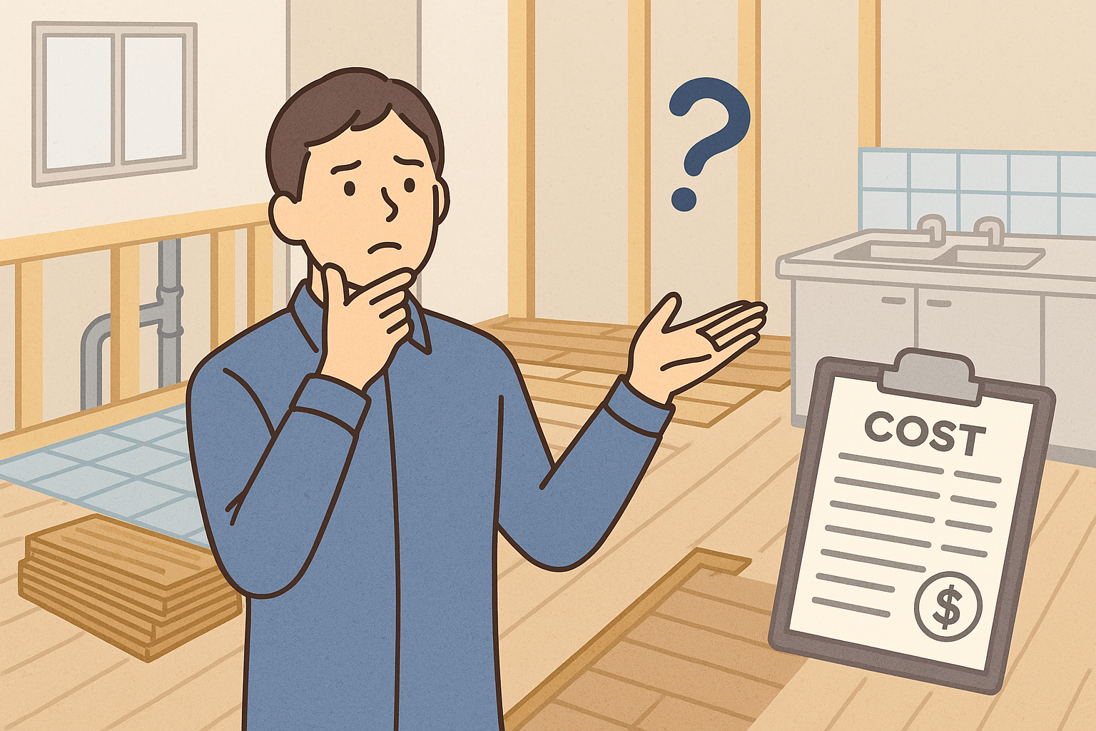 「リフォーム中の住宅で追加費用に悩む男性と、工事費用を示す書類を描いたイラスト」
