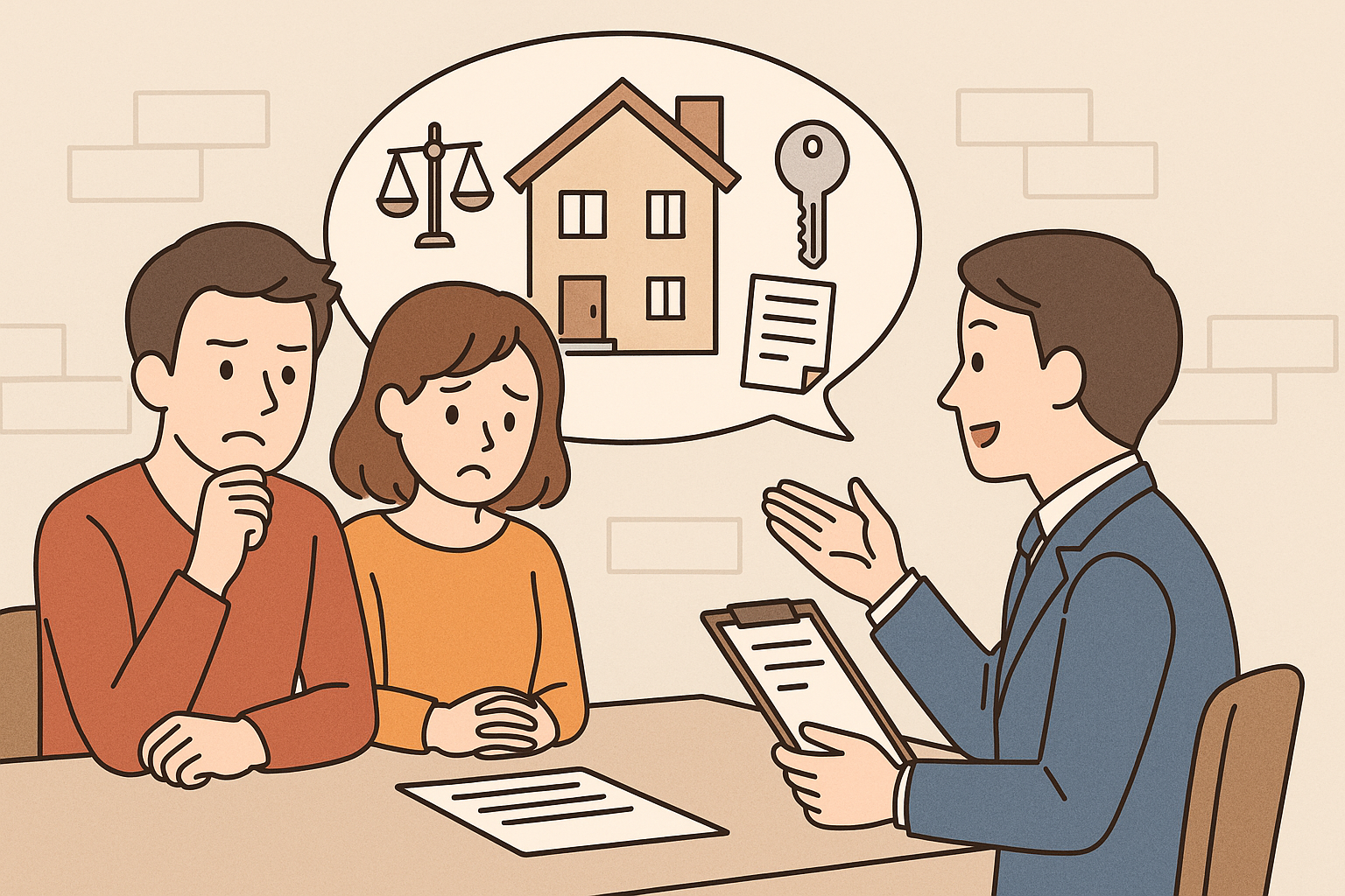 「離婚後の不動産をどうするか悩む男女が机を挟んで向き合い、机の上に査定書やローン契約書が置かれているイラスト。背景には家が描かれ、売却・賃貸・リースバックなど複数の選択肢を暗示している。」