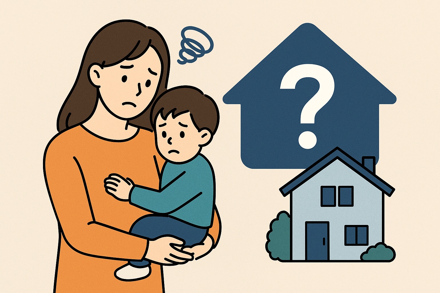 「23歳の専業主婦と3歳の子どもが家の前で不安そうに立ち、背後には実家・賃貸・売却という3つの方向に分かれる選択肢を象徴的に示したフラットイラスト」