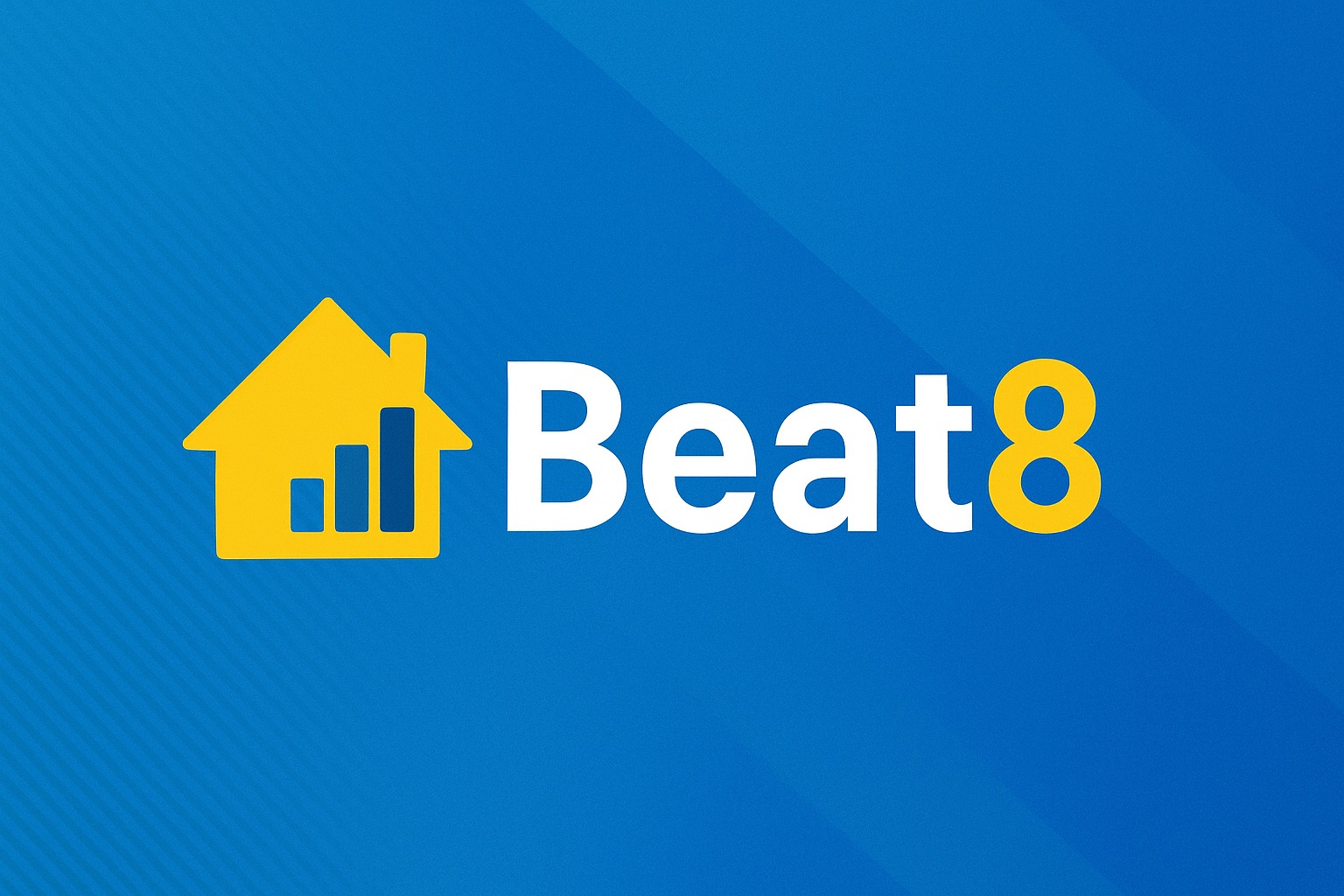 「Beat8のアイキャッチ画像。青い背景に黄色の家とグラフのアイコン、白と黄色のロゴ文字」